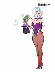 Size: 2935x3823 | Tagged: safe, artist:franschesco, character:spike, character:trixie, species:human, ship:spixie, breasts, bunny out of the hat, busty trixie, clothing, duo, female, hat, high heels, horned humanization, humanized, leotard, looking at you, magic trick, male, shipping, shoes, simple background, straight, top hat, white background