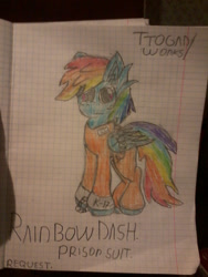 Size: 1200x1600 | Tagged: safe, artist:terminalhash, character:rainbow dash, abuse, bound wings, chains, clothing, cuffs, dashabuse, female, graph paper, lined paper, prison outfit, prisoner rd, shackles, solo, traditional art