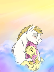 Size: 1024x1365 | Tagged: safe, artist:rutkotka, character:bulk biceps, character:fluttershy, ship:flutterbulk, blushing, cloud, cute, eyes closed, female, floppy ears, hug, male, shipping, shyabetes, smiling, snuggling, straight