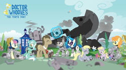 Size: 1600x883 | Tagged: safe, artist:trotsworth, character:bon bon, character:carrot top, character:derpy hooves, character:dinky hooves, character:dj pon-3, character:doctor whooves, character:fluttershy, character:golden harvest, character:lyra heartstrings, character:octavia melody, character:rainbow dash, character:sweetie drops, character:time turner, character:vinyl scratch, species:earth pony, species:pegasus, species:pony, species:unicorn, background six, crossover, cyberman, cyborg, doctor who, drawing, female, hand, implied scootaloo, male, mare, muffin, parasprite, stallion, tardis, that pony sure does love hands, that pony sure does love muffins, the doctor