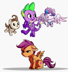 Size: 871x921 | Tagged: safe, artist:hikariviny, character:pound cake, character:princess flurry heart, character:scootaloo, character:spike, species:alicorn, species:dragon, species:pegasus, species:pony, episode:molt down, g4, my little pony: friendship is magic, baby, baby pony, chest fluff, colt, everyone but scootaloo can fly, female, filly, flying, male, scootaloo can't fly, scootaloo is not amused, simple background, unamused, white background, winged spike