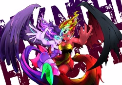 Size: 4096x2846 | Tagged: safe, alternate version, artist:doktor-d, artist:hobilo, character:midnight sparkle, character:sunset satan, character:sunset shimmer, character:twilight sparkle, character:twilight sparkle (scitwi), species:eqg human, g4, my little pony:equestria girls, armpits, badass, clothing, collaboration, demon, duo, female, high heels, looking at you, magic, midnight sparkle, midnightsatan, shoes, sunset satan, telekinesis, wings