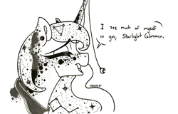 Size: 1280x821 | Tagged: safe, artist:nightmare-moons-throneroom, character:princess luna, species:pony, bust, constellation, dappled, dialogue, ear piercing, earring, ethereal mane, eyes closed, female, grayscale, horn jewelry, jewelry, lineart, mare, missing accessory, monochrome, open mouth, peytral, piercing, simple background, solo, speech bubble, white background