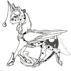 Size: 1280x1280 | Tagged: safe, artist:nightmare-moons-throneroom, character:princess luna, species:alicorn, species:pony, armor, clothing, dappled, female, grayscale, horn jewelry, jewelry, leonine tail, mare, monochrome, regalia, see-through, simple background, solo, unshorn fetlocks, walking, white background