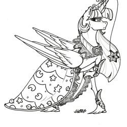 Size: 1280x1280 | Tagged: safe, artist:nightmare-moons-throneroom, character:twilight sparkle, character:twilight sparkle (alicorn), species:alicorn, species:pony, armor, big crown thingy, black and white, clothing, ear piercing, earring, element of magic, female, grayscale, horn jewelry, jewelry, lineart, mare, monochrome, necklace, older, piercing, raised hoof, regalia, robe, simple background, solo, unshorn fetlocks, white background