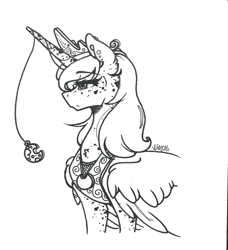 Size: 1165x1280 | Tagged: safe, artist:nightmare-moons-throneroom, character:princess luna, species:alicorn, species:pony, alternate hairstyle, black and white, dappled, ear piercing, earring, female, freckles, grayscale, horn jewelry, jewelry, mare, monochrome, piercing, regalia, simple background, solo, white background