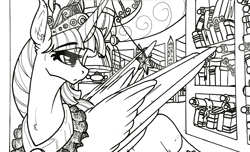 Size: 1280x776 | Tagged: safe, artist:nightmare-moons-throneroom, character:twilight sparkle, character:twilight sparkle (alicorn), species:alicorn, species:pony, big crown thingy, black and white, clothing, element of magic, female, grayscale, horn jewelry, jewelry, library, looking over shoulder, mare, monochrome, necklace, older, older twilight, regalia, robe, solo