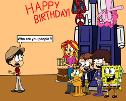 Size: 1942x1558 | Tagged: safe, artist:eagc7, character:pinkie pie, character:sunset shimmer, oc, species:earth pony, species:pony, my little pony:equestria girls, birthday, cake, cat, clothing, comic, crossover, eating, female, food, garfield, luan loud, luna loud, male, nickelodeon, optimus prime, present, simple background, spider-man, spongebob squarepants, text, the loud house, transformers