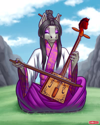 Size: 1536x1920 | Tagged: safe, artist:wwredgrave, character:octavia melody, species:anthro, species:earth pony, g4, asian, bow (instrument), clothing, dress, eyes closed, female, makeup, mare, mongol, mongolian, morinkhuur, musical instrument, nail polish, playing, playing instrument, sitting, solo