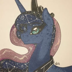 Size: 1280x1280 | Tagged: safe, artist:nightmare-moons-throneroom, character:princess luna, species:pony, constellation, dappled, ethereal mane, female, galaxy mane, jewelry, looking at you, mare, regalia, simple background, smiling, solo, white background