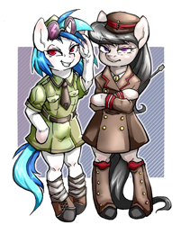 Size: 850x1056 | Tagged: safe, artist:hobilo, character:dj pon-3, character:octavia melody, character:vinyl scratch, species:anthro, species:earth pony, species:pony, species:unicorn, bipedal, clothing, coat, duo, female, glasses, hat, mare, necktie, riding crop, semi-anthro