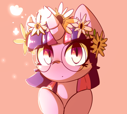 Size: 1998x1810 | Tagged: safe, artist:bloodatius, character:twilight sparkle, species:pony, bust, cute, female, floral head wreath, flower, flower in hair, glasses, looking at you, mare, solo, twiabetes