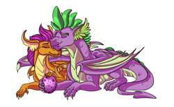 Size: 2754x1710 | Tagged: dead source, safe, artist:marbola, character:smolder, character:spike, parent:smolder, parent:spike, parents:spolder, species:dragon, ship:spolder, episode:molt down, g4, my little pony: friendship is magic, dragon egg, dragoness, egg, eyes closed, female, high res, male, nuzzles, nuzzling, older, older smolder, older spike, shipping, simple background, straight, white background, winged spike