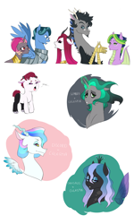Size: 1500x2508 | Tagged: safe, artist:pikokko, oc, oc only, oc:chitin/morgenstern, oc:jade, oc:l'amour, oc:princess nebula, oc:riddle, parent:discord, parent:king sombra, parent:lord tirek, parent:princess cadance, parent:princess celestia, parent:princess luna, parent:queen chrysalis, parent:shining armor, parent:spike, parent:twilight sparkle, parents:celestibra, parents:celestirek, parents:chryslestia, parents:dislestia, parents:lunacord, parents:shining chrysalis, parents:somdance, parents:twispike, species:changepony, species:draconequus, species:dracony, species:pegasus, species:pony, armor, baby, bust, disguise, disguised changeling, draconequus oc, female, glasses, horns, hybrid, interspecies offspring, magical lesbian spawn, male, mare, offspring, simple background, stallion, white background