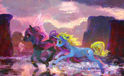 Size: 800x488 | Tagged: safe, artist:wolfiedrawie, oc, oc only, oc:art's desire, species:pegasus, species:pony, species:unicorn, beach, colorful, duo, galloping, mesa, painting, racing, running, splash, splashing, water, ych result