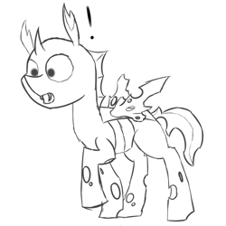 Size: 3000x3000 | Tagged: safe, artist:besttubahorse, oc, oc only, oc:barbed retort, species:changeling, changeling oc, male, raised hoof, simple background, sketch, surprised, tattered wings, white background
