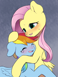 Size: 900x1200 | Tagged: safe, artist:ayahana, character:fluttershy, character:rainbow dash, species:pegasus, species:pony, ship:flutterdash, comforting, crying, eyes closed, female, floppy ears, folded wings, hug, lesbian, mare, open mouth, shipping, snot, sweat, sweatdrops, teary eyes, wings