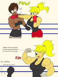 Size: 1620x2146 | Tagged: safe, artist:matchstickman, character:applejack, oc, species:human, applejacked, biceps, boxing, boxing gloves, breasts, busty applejack, dialogue, duo, flexing, humanized, knock out, muscles, one eye closed, ponytail, punch, sports, victory, wingding eyes, wink