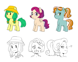 Size: 1886x1520 | Tagged: safe, artist:pikokko, oc, oc only, oc:lightning chaser, oc:needle, oc:raindrop, parent:apple bloom, parent:diamond tiara, parent:scootaloo, parent:snails, parent:snips, parent:sweetie belle, parents:scootiara, parents:snailbloom, parents:sweetiesnips, species:earth pony, species:human, species:pegasus, species:pony, species:unicorn, blank flank, braid, clothing, female, filly, hat, heart, humanized, humanized oc, magical lesbian spawn, next generation, offspring, one eye closed, simple background, white background, wink
