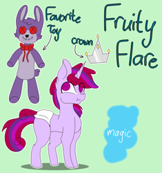 Size: 1024x1089 | Tagged: safe, artist:tomboygirl45, oc, oc:fruity flare, parent:pinkie pie, parent:twilight sparkle, parents:twinkie, species:pony, species:unicorn, baby, baby pony, colt, diaper, five nights at freddy's, magical lesbian spawn, male, offspring, plush bunny, reference sheet, solo