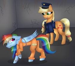 Size: 4028x3591 | Tagged: safe, artist:tomboygirl45, character:applejack, character:rainbow dash, species:pony, annoyed, b-f16, bound wings, chains, clothing, cuffs, jail, never doubt rainbowdash69's involvement, plot, police uniform, prison, prison outfit, prisoner rd, shackles, smiling, smirk