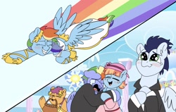 Size: 1849x1176 | Tagged: safe, artist:pastel-charms, character:bow hothoof, character:rainbow dash, character:scootaloo, character:soarin', character:windy whistles, species:pegasus, species:pony, ship:soarindash, clothing, crying, dress, female, flying, liquid pride, male, rainbow trail, shipping, straight, suit, tears of joy, wedding dress