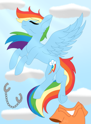 Size: 2635x3577 | Tagged: safe, artist:tomboygirl45, character:rainbow dash, species:pegasus, species:pony, clothing, cloud, cuffs, eyes closed, female, flying, freedom, high res, mare, prison outfit, prisoner rd, sky, solo, underhoof
