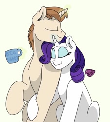 Size: 902x1000 | Tagged: safe, artist:pastel-charms, character:donut joe, character:rarity, species:pony, cuddling, cup, female, magic, male, mug, rarijoe, shipping, straight, teacup