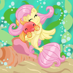 Size: 1024x1024 | Tagged: safe, artist:yoshimarsart, character:fluttershy, species:seapony (g4), cute, female, fish, hug, obtrusive watermark, seaponified, seapony fluttershy, shyabetes, solo, species swap, underwater, watermark, watershy