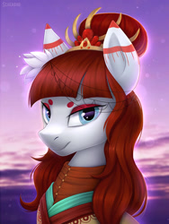 Size: 1200x1600 | Tagged: safe, artist:scheadar, oc, oc only, species:earth pony, species:pony, beanbrows, clothing, commission, digital art, eyebrows, female, headdress, looking at you, mare, red hair, red mane, solo