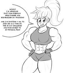 Size: 854x890 | Tagged: safe, artist:matchstickman, part of a set, character:applejack, species:human, 30 day challenge, applejacked, breasts, busty applejack, clothing, compression shorts, dialogue, female, fingerless gloves, gloves, grin, humanized, muscles, muscular female, part of a series, smiling, solo, tank top