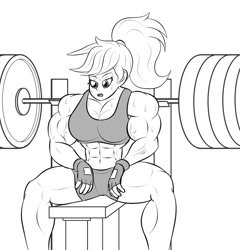 Size: 854x890 | Tagged: safe, artist:matchstickman, character:applejack, species:human, applejacked, barbell, bench press, biceps, breasts, busty applejack, clothing, compression shorts, fingerless gloves, gloves, humanized, muscles, muscular female, sweat, tank top, workout