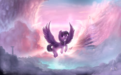 Size: 1920x1200 | Tagged: safe, artist:rain-gear, character:twilight sparkle, character:twilight sparkle (alicorn), species:alicorn, species:pony, g4, cloudsdale, female, flying, mare, scenery, scenery porn, solo, spread wings, three quarter view, wings