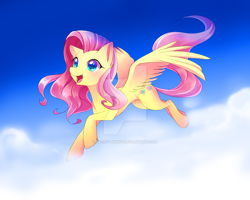 Size: 900x720 | Tagged: safe, artist:jacky-bunny, character:fluttershy, species:pegasus, species:pony, cloud, female, flying, mare, solo, watermark
