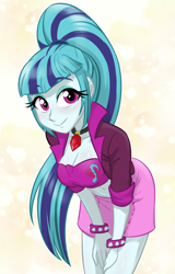Size: 550x860 | Tagged: safe, artist:ta-na, character:sonata dusk, equestria girls:rainbow rocks, g4, my little pony: equestria girls, my little pony:equestria girls, belly button, breasts, busty sonata dusk, cleavage, clothing, cute, female, gem, looking at you, midriff, moe, ponytail, simple background, siren gem, skirt, smiling, solo, sonatabetes, white background