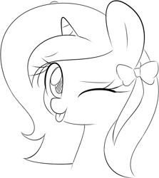 Size: 672x752 | Tagged: safe, artist:acersiii, oc, oc only, oc:luminous siren, ;p, bow, female, filly, hair bow, monochrome, one eye closed, simple background, smiling, solo, tongue out