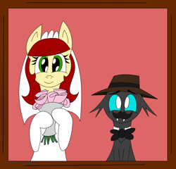 Size: 3420x3289 | Tagged: safe, artist:derpanater, oc, oc only, oc:pen pad, oc:toothpick, species:changeling, bouquet, bow tie, clothing, dress, fedora, flower, hat, marriage, wedding, wedding dress, wedding veil