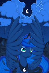 Size: 2664x4000 | Tagged: safe, artist:kas92, character:princess luna, species:alicorn, species:pony, cloud, crescent moon, female, looking at you, mare, moon, night, solo