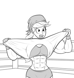 Size: 854x890 | Tagged: safe, artist:matchstickman, character:applejack, species:human, abs, applejacked, bandana, biceps, breasts, busty applejack, clothing, female, hulk hogan, humanized, looking at you, monochrome, muscles, shirt pull, shorts, simple background, solo, sports, tearing, torn clothes, white background, wrestling, wrestling ring