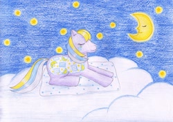 Size: 1024x719 | Tagged: safe, artist:normaleeinsane, g1, cloud, eyes closed, female, moon, pillow talk, solo, stars, traditional art