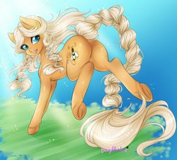 Size: 1024x927 | Tagged: safe, artist:bunnywhiskerz, oc, oc:honey amber, species:pony, commission, female, happy, looking back, mare, plot, solo, underhoof