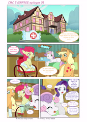 Size: 6197x8760 | Tagged: safe, artist:jeremy3, character:apple bloom, character:applejack, character:rarity, character:sweetie belle, species:earth pony, species:pony, species:unicorn, comic:everfree, comic:everfree cmc epilogue, absurd resolution, bandage, bandaid, bed, comic, crying, glass, horn ring, hospital, jar, magic suppression, ponyville hospital, wheelchair