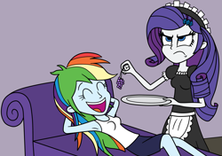 Size: 1627x1144 | Tagged: safe, artist:eagc7, character:rainbow dash, character:rarity, my little pony:equestria girls, arm behind head, armpits, clothing, cute, dashabetes, eyes closed, food, grapes, maid, open mouth, plate, rarity is not amused, request, requested art, shorts, sleeveless, tank top, unamused