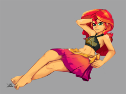 Size: 900x670 | Tagged: safe, artist:xenstroke, character:sunset shimmer, equestria girls:forgotten friendship, g4, my little pony: equestria girls, my little pony:equestria girls, arm behind head, armpits, barefoot, belly button, breasts, clothing, feet, female, gray background, looking at you, sideboob, simple background, solo, swimsuit