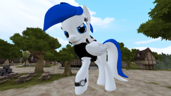 Size: 3020x1698 | Tagged: safe, artist:scalelover, oc, oc:striker blue, species:pegasus, species:pony, 3d, blue eyes, clothing, female, giant pony, house, macro, mare, picnic table, solo, table, town, tree, watch, wristwatch