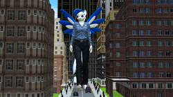 Size: 3020x1698 | Tagged: safe, artist:scalelover, oc, oc:striker blue, species:anthro, species:human, species:plantigrade anthro, 3d, building, city, clothing, female, giantess, macro, pants, people, skyscraper, wings