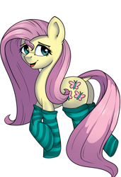 Size: 1535x2244 | Tagged: safe, artist:php97, character:fluttershy, species:pegasus, species:pony, clothing, dock, female, looking at you, mare, open mouth, simple background, smiling, smiling at you, socks, solo, striped socks, white background