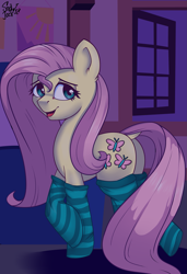 Size: 1535x2244 | Tagged: safe, artist:php97, character:fluttershy, species:pegasus, species:pony, clothing, dock, female, fluttershy's cottage (interior), looking at you, night, signature, smiling, smiling at you, socks, solo, striped socks, window