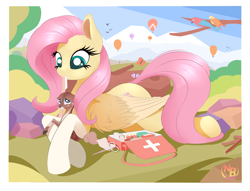 Size: 7004x5340 | Tagged: safe, artist:nevobaster, character:fluttershy, species:bird, species:deer, species:parrot, species:pegasus, species:pony, absurd resolution, bandage, butterfly, clothing, colored wings, crimson rosella, cute, doe, female, first aid, first aid kit, fluttermom, gloves, hot air balloon, injured, kindness, looking at each other, mare, medicine, mouth hold, prone, scissors, shyabetes, solo, wings