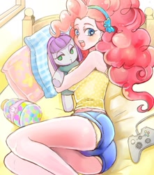 Size: 1000x1129 | Tagged: safe, artist:hobilo, character:maud pie, character:pinkie pie, species:human, my little pony:equestria girls, adorasexy, bed, clothing, controller, cute, diapinkes, female, frilly underwear, headband, humanized, looking at you, panties, pillow, plushie, sexy, shorts, solo, tank top, underwear, upshorts, yellow underwear
